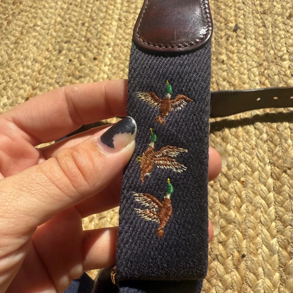 Vintage Mallard Duck Surcingle Belt Navy Canvas Leather Brass Made in USA
